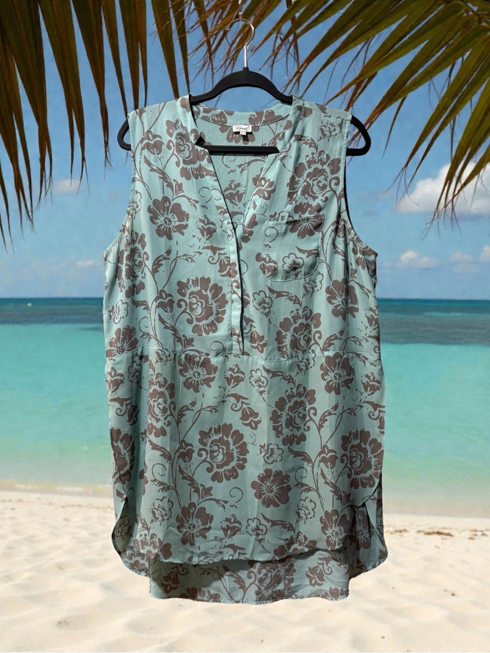 Kismet Aqua & Grey Floral Print Sleeveless Tunic Tank Top